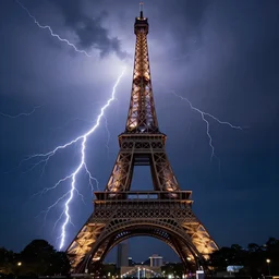 a photograph of a lightning striking the eiffel tower, blue sparkles all around, taken on medium format film, hyperrealistic, very detailed