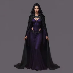 Fantasy portrait, Necromancer, female, beautiful face, dark garments, dark pruple robes, midriff, Black cloak from neck to ankles, pin-up, matte painting, by WLOP, artstation