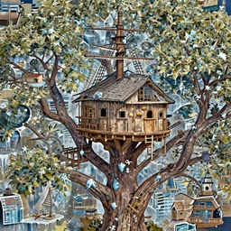ice, A treehouse made out of a derelict pirate ship, the treetops of giant oaks, detailed illustration, digital art, overdetailed art, concept art, highly saturated colors, detailed illustration, hd, 4k, digital art,  cgsociety and beeple highly detailed, cinematic lighting, illustration, art, very coherent. high detail, Dan Mumford, Greg, Rutkowski, trending on artstation