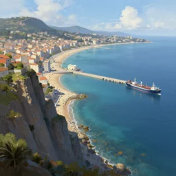 a coastal city perched on a cliff overlooking a magnificent bay. It has a long white stone pier with cargo ships. Fantasy digital painting by Greg Rutkowski. Fantasy. Digital painting. Greg Rutkowski. Fantasy artwork.