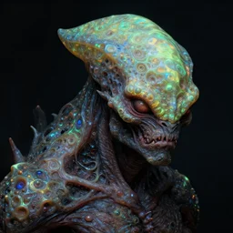 close up portrait of a mutant monster creature with pulsating, phosphorescent, iridescent fractal protuberances. by jan van eyck, walton ford
