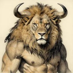 a mighty strong creature hybrid with the body and eyes of a man, with lion's head, hair - eagle feathers, and the horns of an ox. drawn by d frank franzetta