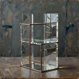 handmade clear plaxiglass sculpture with welded metal, in a painting made by kay sage, by yves tanguy, digital sculpture, highly detailed, soft lighting, rendered in octane, oil on canvas