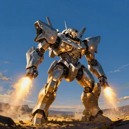 armored core v running, booster flares, full body ; outdoor, pure blue sky, wilderness ground, golden time, twilight ; scifi, dynamic contrast, glowing lights intricate elegant, digital painting, artstation, concept art, smooth, sharp focus, illustration ; art by artgerm and greg rutkowski and alphonse mucha, singularity