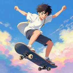 a young anime boy riding a skateboard in the sky, colorful clouds, an ultrafine hyperdetailed illustration by akihiko yoshida, makoto shinkai, greg rutkowski, perfect face, intricate linework, global illumination, detailed and intricate environment, dream setting, final fantasy, trending on art station.