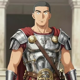 shy tall muscular roman guard, male, bushy eyebrows, round eyes, buzz cut hair, roman armor, screen cap, 4K, stylized, drawn by Hiromu Arakawa
