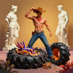 a cowboy turning into blooms by slim aarons, by zhang kechun, by lynda benglis. tropical sea slugs, angular sharp tractor tires. complementary bold colors. portait of a manly cowboy. warm soft volumetric dramatic light. national geographic. 8 k, rendered in octane, smooth gradients. angular sculpture by antonio canova by gian lorenzo bernini.