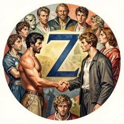 the circle complete, greek symbol zeta, diversity team, hairy, asian, european, handshake, highly detailed, digital painting, watercolor, soviet realism, engraving, artstation, concept art, smooth, sharp focus, vivid grunge, manga, illustration, unreal engine 5, 8 k, art by bilibin and kuvshinov and malevich and mucha