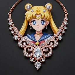 a dramatic beautiful soul touching Tiffany Diamond Necklace made of rose gold glowing in sparkles with heavenly notes Neo Rococo, highly detailed sailor moon aesthetic, matte, sharp focus, Artgerm and Greg Rutkowski and Alphonse Mucha