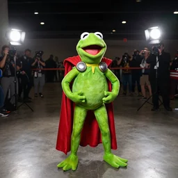 kermit the frog cosplaying as thor, dragoncon, flash photography, wide angle, full length, 3 5 mm, f / 2. 8