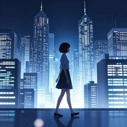 a girl walking through a miniamlist, monocolor city hologram by yuumei, featured on pixiv, holography, official art, pixiv, glowing lights