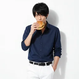 very serious ryosuke takahashi with black hair wearing a dark blue shirt and white pants eating a cheeseburger stands leaning on his white mazda, initial d anime screenshot, initial d anime 1 0 8 0 p, detailed anime face, high detail, 9 0 s anime aesthetic