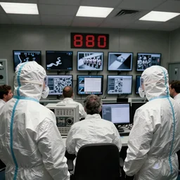 1 9 8 0 s surveillance room with turned on monitors and audio equipment, men in hazmat suits stare at the monitors in the style of moebius