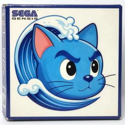 professional, high quality airbrush art of a blue vintage cartoon cat's head in the shape of a cresting ocean wave , 1990s 1992 Sega Genesis box art