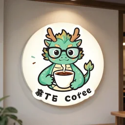 logo for a coffee shop, with a dragon wearing glasses and holding a cup of coffee, digital art