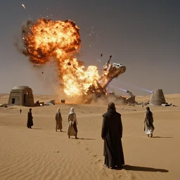 the harkonnens destroying the planet in the desert near the abandoned buildings in night arrakis desert, spaceship exploding, laser guns, film still from the movie by alejandro jodorowsky with cinematogrophy of christopher doyle and art direction by hans giger, anamorphic lens, kodakchrome, 8 k,
