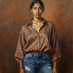 detailed portrait in femininity, ethnic, realistic face sculpted features, statuesque model, modern fashion, oversized paisley button down shirt and distressed jeans, warm glow, supple, bathed in light, chiaroscuro, specular highlights, angular impressionism, radiosity, natural color scheme, deep rich tones, contemporary art, oil on canvas