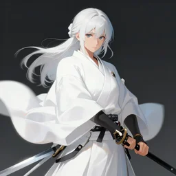 a !beautiful White cloaked Samurai Warrior with Sword Drawn by Mitsuru Adachi :: Concept Art, Digital Art