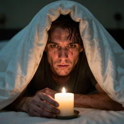 steven king hiding under a blanket with a candle, sweaty and dirty