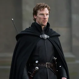 benedict cumberbatch as a warrior in black cloak from fantasy movie, dramatic film still, details, sigma 7 5 mm