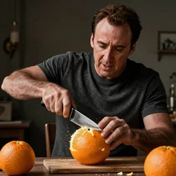 Nicolas Cage is cutting a clockwork orange, artstation, epic lighting, octane render, ultra high resolution, 8k, hyper realistic,