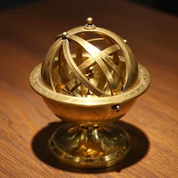 a dramatically lit photo of an ancient, powerful brass and gold artifact round ball spherical astrolabe liahona artifact sitting on a wooden table. the intricate, metal lace, detailed ball is covered in dials and ancient egyptian markings, with two arrows, glowing from within, filled with gears glimpsed inside, with a star - chart