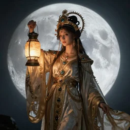 goddess of the moonlit dead with her lantern and regalia, by Annie Swynnerton and Nicholas Roerich and jean delville, dramatic cinematic lighting , ornate headdress , flowing robes, lost civilizations, extremely detailed