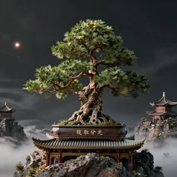 photo of a mystical bonsai on top of a chinese mountain, unreal 5, DAZ, hyperrealistic, octane render, Regal, Refined, Detailed Digital Art, dynamic lighting, Highly Detailed, Cinematic Lighting, Unreal Engine, 8k, HD
