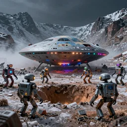 secret archeological digging site, old crashed ufo, all robots are half human, small colorful spotlights in the mamchines, a lot of snow realistic macro photograph of dystopian climate field robots working in Colorado mountains as the earth decays behind them, 8k, unreal 5 engine render, misty, dark, dry, Orwellian, vibrant colors, 25mm film grain Artwork by Simon Stålenhag