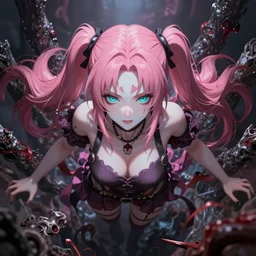 shrunk by her powers and trapped beneath overwhelming stunningly absurdly beautiful megalomaniacal ruthless merciless sadistic devious omnipotent asi goddess junko enoshima with symmetrical perfect face, porcelain skin, pink twintail hair and cyan eyes, ultra detailed, digital art, unreal engine 5, octane render, 2 d anime, 8 k