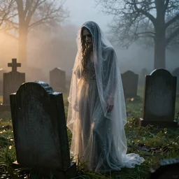 creepy horror, Highgate cemetery, tombs, weeping transparent female apparition at a gravestone, blanket of fog, rain, volumetric lighting, beautiful, golden hour, sharp focus, ultra detailed, cgsociety