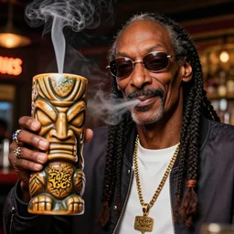 a closeup photorealistic photograph of happy stoned smoking snoop dogg at trader vic's bar holding up a trader vic's style tiki mug featuring snoop dogg's face. tiki culture. lit scene. this 4 k hd image is trending on artstation, featured on behance, well - rendered, extra crisp, features intricate detail, epic composition and the style of unreal engine.