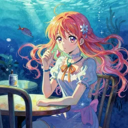 mahoushoujo in an underwater cafe. complementary colors, gouache, indie concept art, bloom, chiaroscuro, backlighting, intricate details.