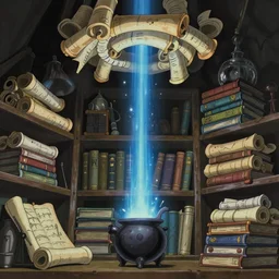 magician or wizard , look at top , scrolls of magic , blue beam down light , shelves of scrolls and magic books , pot of alchemist , Dramatic lighting, Epic composition, Wide angle, by Miyazaki, Nausicaa Ghibli