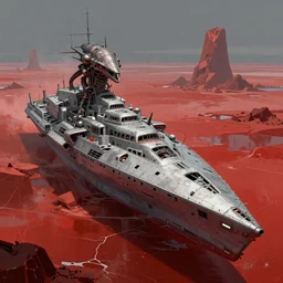 the mothership's wreckage under the red ice, artwork by Ted Nasmith and H R Giger, trending on art station