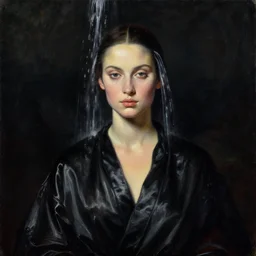 hyperrealism mixed with classicism, oil painting, close - up portrait of fashion model with isometric waterfall instead of head, fully clothes in black reflect robe, complete darkness, in style of classicism mixed with 8 0 s sci - fi hyperrealism
