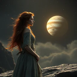 a highly detailed matte painting of emma watson as a red haired witch, standing on the moon titan and looking at jupiter, art by rebecca guay and arthur rackham and alphonse mucha and john william waterhouse, volumetric lighting, octane render, 4 k resolution, trending on artstation, masterpiece