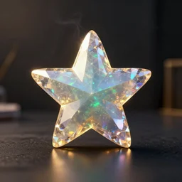 star emoji with 5 points, translucent colorful precious crystal on a dark table, ray - tracing, beautiful, black opal, sharp focus, octane render, beautiful hdr 8 k, moody dark environment realistic, specular, detailed, unreal engine 5, golden hour, magical shimmering effect, light smoke, modern background wallpaper, wlop, chebokha, rutkowski
