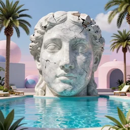 David Ligare masterpiece, hyperrealistic surrealism, award winning masterpiece with incredible details, epic stunning, infinity pool, a surreal vaporwave liminal space, highly detailed, trending on ArtStation, broken giant marble head statue ruins, calming, meditative, geometric liminal space, palm trees, very vaporwave, very very surreal, sharp details