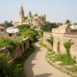 winding paths surrounded by overgrown cathedrals, swahili architecture, trending on artstation