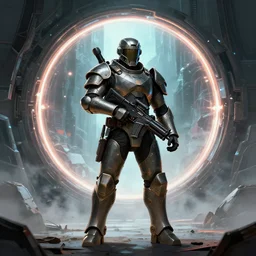 armor - plated soldier carrying a plasma rifle, standing in front of a portal to another dimension, art by emmanuel shiu