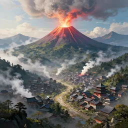 a powerful japanese village high in mountains, fanart artstation global illumination rtx hdr fanart arstation 3 d, volcano, mystical power steam, concept art by moebius and laurie greasley, fantastic landscape, 8 k, cinematic color grading