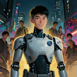 illustration portrait of smailing japanese robot cop, future tokyo, golden ratio, cinematic lighting, cinematic composition, ghost in the shell, night, by sachin teng and sergey kolesov and ruan jia and heng z and wlop. graffiti art, scifi, fantasy, hyper detailed. octane render. concept art. trending on artstation