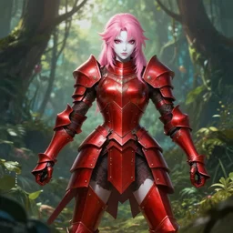 full body portrait of beautiful fairy knight in the jungle, pink hair, white skin, red eyes, heavy red plate armor, badass, fight, high fantasy, dnd, highly detailed, smooth, sharp focus, digital illustration, by wlop, artgerm, rossdraws, card art