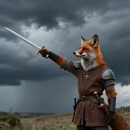 anthropomorphic fox who is a medieval knight pointing a sword towards a stormy thundercloud 1 9 3 0 s film still