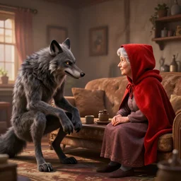 werewolf and red riding hood talking in grandma’s living room, 3d scene, render, ultra realistic, zenith view, Greg Rutkowski, artstation, cgsociety, unreal engine, 3d scene, render, ultra realistic