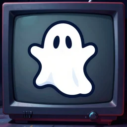 retro electronics logo depicting ghost. crt tv overlay. artstation. r / cyberpunk