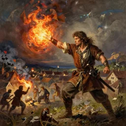 beautiful painting of a male halfing bard, casting fireball and killing a whole village, painted by greg rutkowski