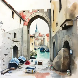 small centered on watercolor paper, paint brush strokes, abstract watercolor painting of medieval city entrance, outside stone walls, rough rock, heavy port, cinematic light, national romanticism by hans dahl, by jesper ejsing, by anders zorn, by greg rutkowski, by greg manchess, by tyler edlin