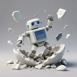dissection of funny ceramic exploding crash miniature toy Figure mechabot falling apart 8K, zbrush, c4d, in a Studio hollow, surrounded by flying parts, explosion drawing, by pixar, beeple, by jeff koons